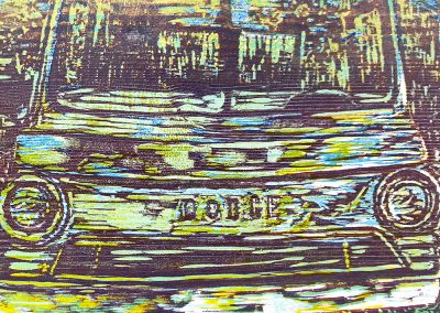 Dodge van woodcut print